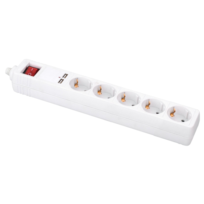 Stekkerdoos met schakelaar 5 voudig 2X USB, 1.5 meter snoer zwart