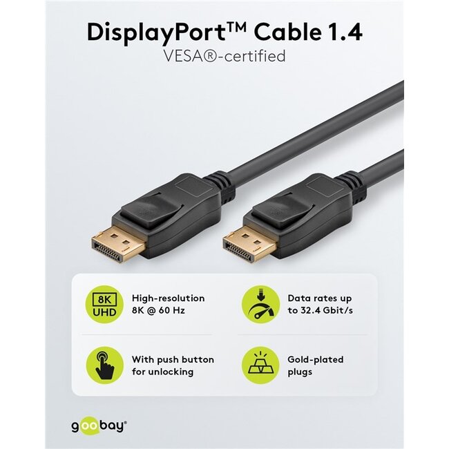 Goobay DisplayPort™ Cable 1.4, Certified, 32,4 Gbit/s 2 m