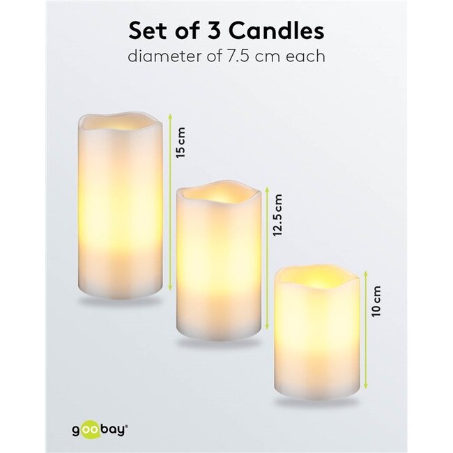 Goobay Set of 3 LED Real Wax Candles, white