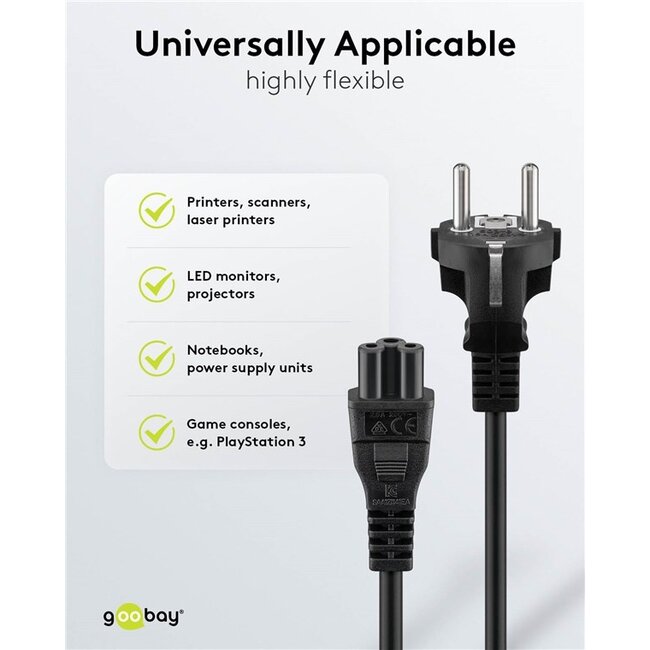 Goobay Mains Cable with Safety Plug, 1 m, black, (3*0.75 mm²)
