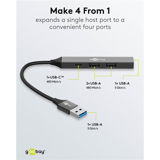 Goobay USB hub (USB-A) | 3x USB-A + 1x USB-C | USB2.0/3.0 | aluminium | 0,10 meter