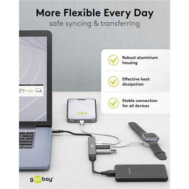 Goobay USB hub (USB-C) | 3x USB-A + 2x USB-C (1x PD 100W) | USB2.0/3.0 | aluminium | 0,10 meter