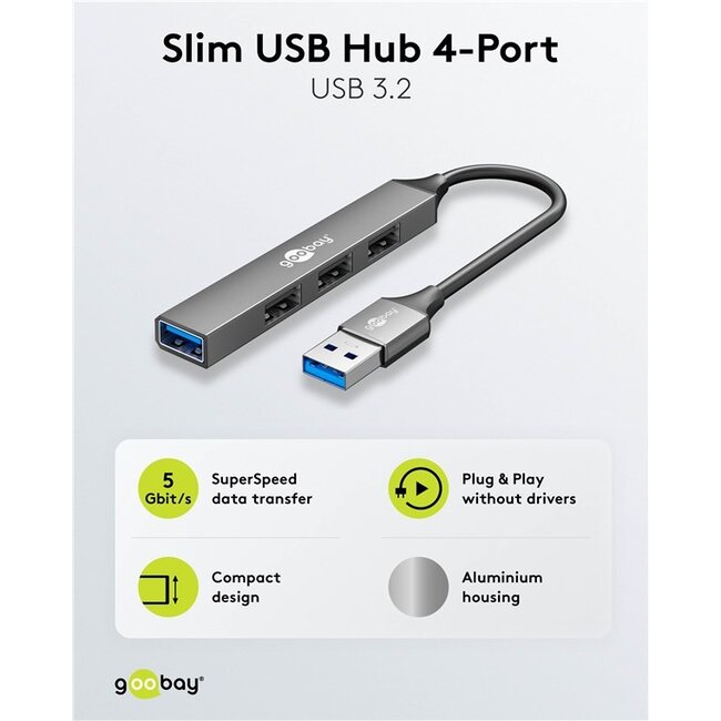 Goobay USB hub (USB-A) | 4x USB-A | USB2.0/3.0 | aluminium | 0,10 meter