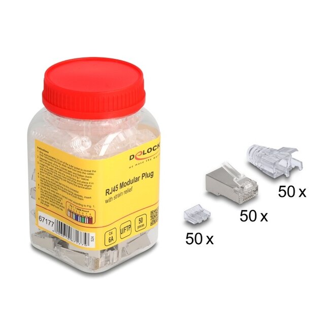 Delock RJ45 Modular Plug Cat.6A with bend protectection boots transparent 50 pcs set