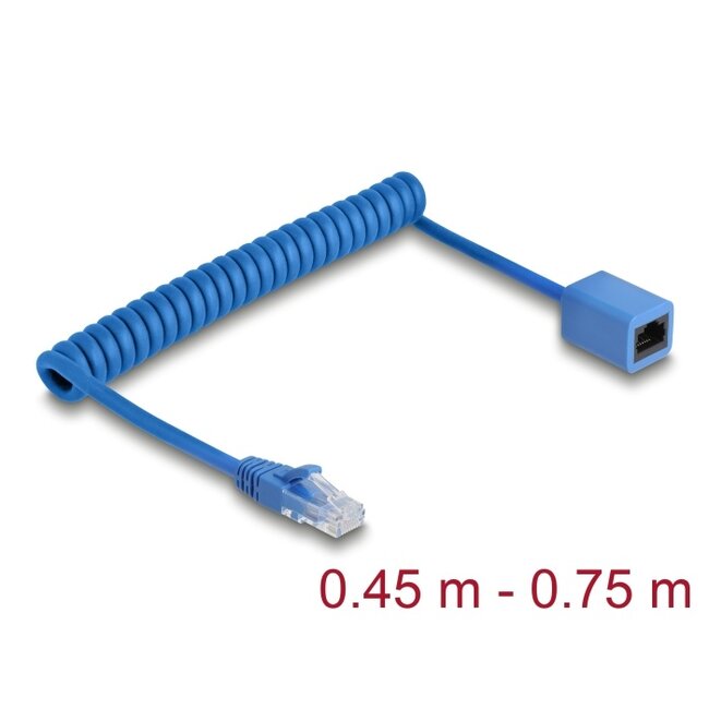 Delock RJ45 Coiled Cable plug to jack Cat.6 UTP 0.45 m to 0.75 m blue