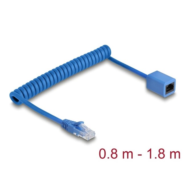 Delock RJ45 Coiled Cable plug to jack Cat.6 UTP 0.8 m to 1.8 m blue