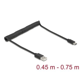 DeLOCK Delock USB 2.0 Coiled Cable USB Type-A male to USB Type-C™ male 0.45 m to 0.75 m black