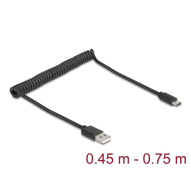 Delock USB 2.0 Coiled Cable USB Type-A male to USB Type-C™ male 0.45 m to 0.75 m black