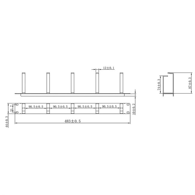 19 inch blindpaneel met 5 kabelogen (G-type) | 1U | zwart