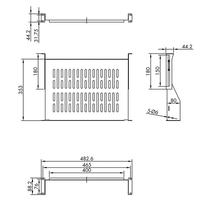 19 inch legplank | 35 cm diep | max. 25 kg | 2U | zwart