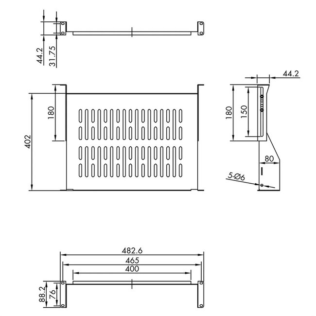 19 inch legplank | 40 cm diep | max. 25 kg | 2U | zwart