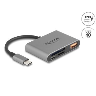 DeLOCK Delock USB-C™ Card Reader for SD and Micro SD memory cards + USB 10 Gbps Type-A port and USB Type-C™ PD 2.0 85 W