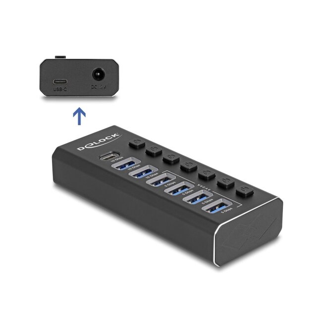 Delock 7 Port USB Hub with 4 Ports 10 Gbps and 4 Fast Charging Ports with Switch and Illumination