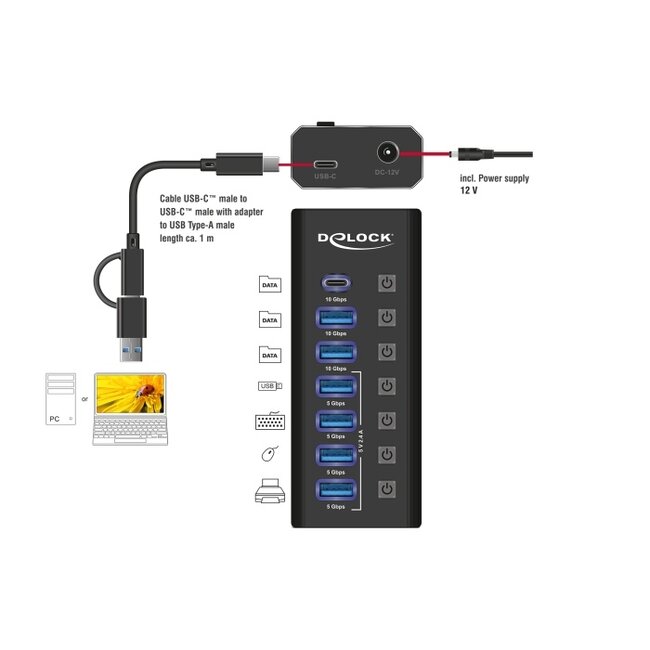 Delock 7 Port USB Hub with 4 Ports 10 Gbps and 4 Fast Charging Ports with Switch and Illumination
