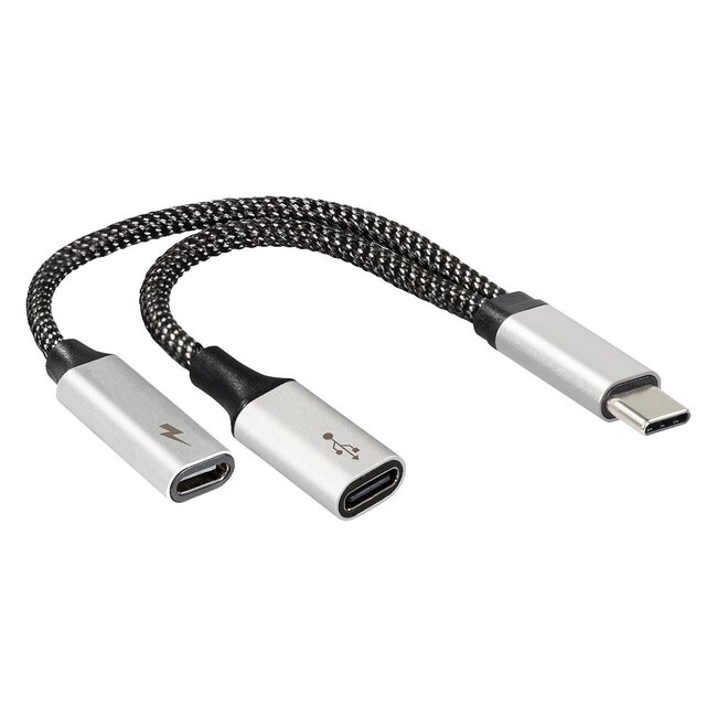 Premium USB-C - 2x USB-C data/laden splitter | USB2.0 | OTG | PD 60W | nylon | 0,15 meter