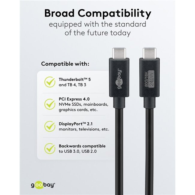USB-C kabel | USB4 v2.0 80 Gbps | PD 240W | 16K 60Hz | zwart | 1,2 meter