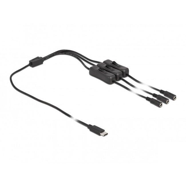 USB-C - 3x DC plug splitter | 5,5 x 2,1mm | max. 5V/3A (15W) | schakelaars | zwart | 1 meter