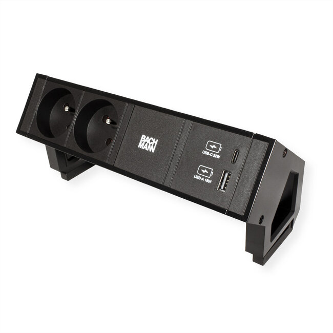 BACHMANN DESK2 2xUTE 1xUSB A/C 22W, GST18 RAL9005, schwarz, 0,2 m