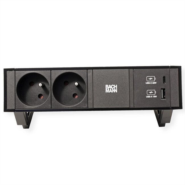 BACHMANN DESK2 2xUTE 1xUSB A/C 22W, GST18 RAL9005, schwarz, 0,2 m