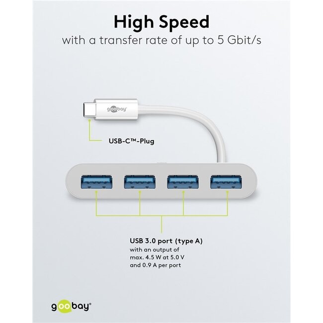 Goobay USB-C hub met 4 poorten - busgevoed - USB3.0 / wit - 0,15 meter