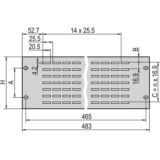 SCHROFF 19" voorpaneel, geventileerd, 2 HE, 2,5 mm, Al, RAL 7035