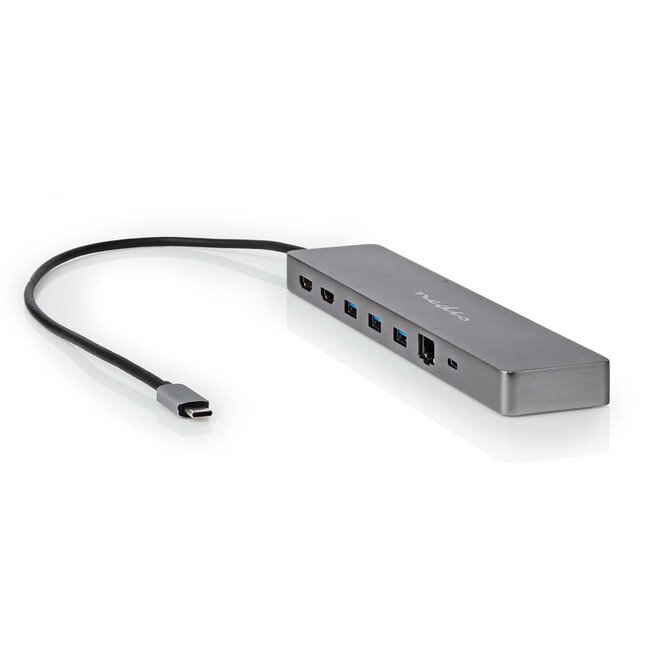 Nedis USB-C - 2x HDMI 4K 60Hz, USB-A, USB-C PD 100W, RJ45, 3,5mm en (Micro) SD adapter | grijs | 0,40 meter