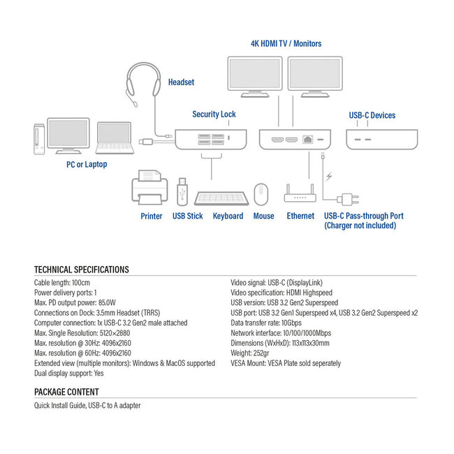 ACT USB-C docking station | 2x HDMI 4K 60Hz, 7x USB-A/C, PD 85W, RJ45 en 3,5mm | DisplayLink | 1 meter