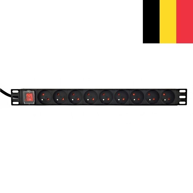 19 inch stekkerdoos | schakelaar | CEE 7/7 - 9x CEE 7/5 (België) | 1U | zwart | 2 meter