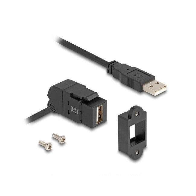 USB-A haaks (45°) Keystone module - USB-A (m) | met inbouwframe | USB2.0 | zwart | 0,30 meter