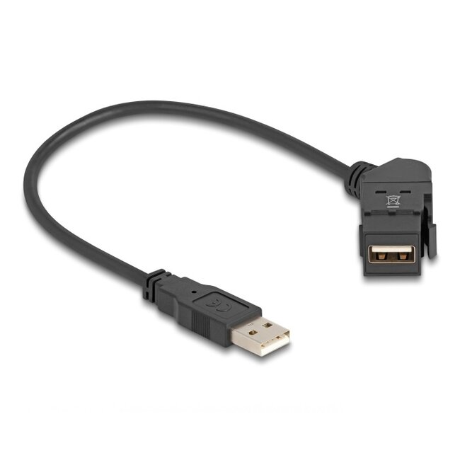 USB-A haaks (45°) Keystone module - USB-A (m) | met inbouwframe | USB2.0 | zwart | 0,30 meter