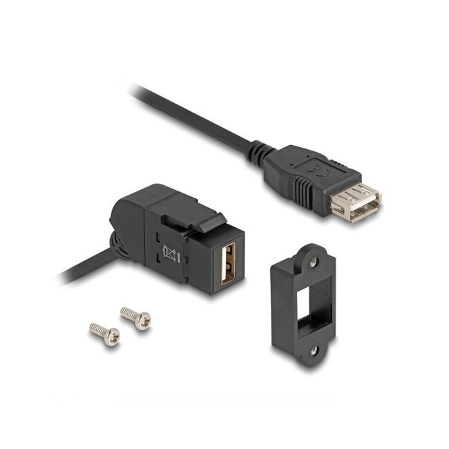 USB-A haaks (45°) Keystone module - USB-A (v) | met inbouwframe | USB2.0 | zwart | 0,30 meter