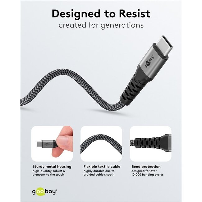 Goobay USB-C™ Textile Cable, 60 W, Power Delivery, 1.5 m, black;grey