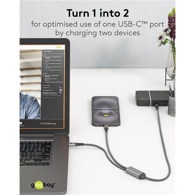 Goobay USB-C™ Textile Cable, 60 W, Power Delivery, 1.5 m, black;grey