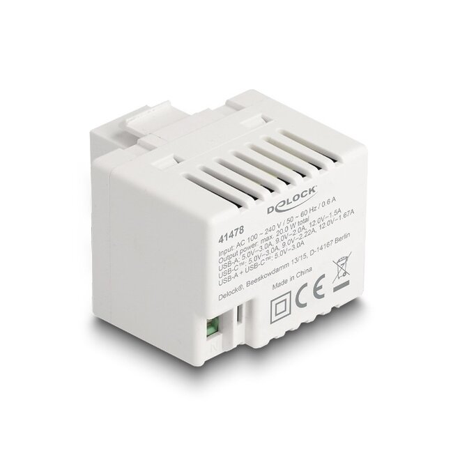 USB-C + USB-A - terminal block Keystone USB-lader module | 20W | wit