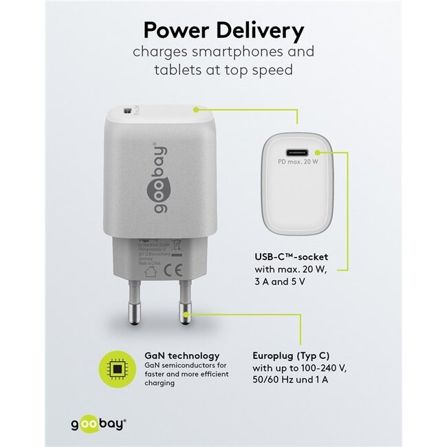 Goobay USB lader | USB-C PD | GaN | 20W | wit