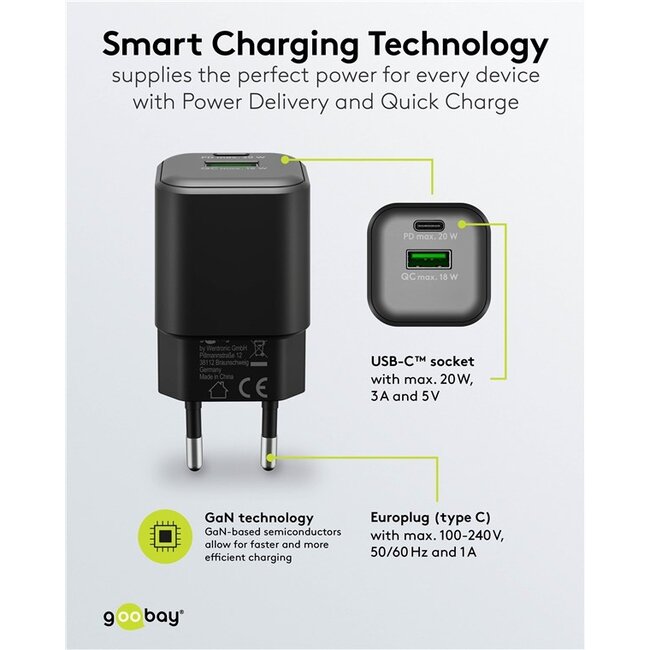 Goobay nano USB lader | USB-C PD + USB-A QC | GaN | 20W | zwart