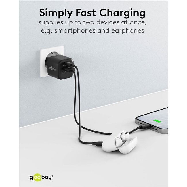 Goobay nano USB lader | USB-C PD + USB-A QC | GaN | 20W | zwart
