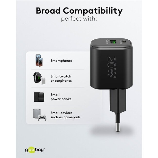 Goobay nano USB lader | USB-C PD + USB-A QC | GaN | 20W | zwart