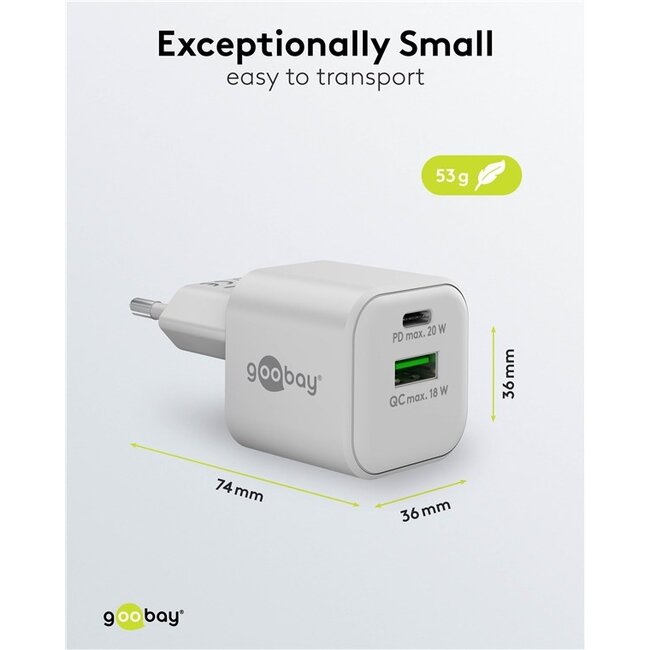 Goobay nano USB lader | USB-C PD + USB-A QC | GaN | 20W | wit
