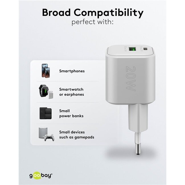 Goobay nano USB lader | USB-C PD + USB-A QC | GaN | 20W | wit