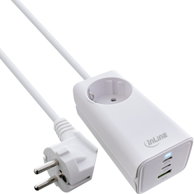InLine stroom verlengkabel met USB lader | 2x USB-C PD + 1x USB-A QC4+ | GaN | 65W | 1,5 meter