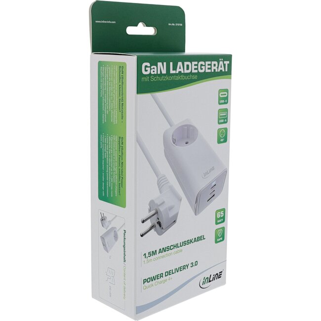 InLine stroom verlengkabel met USB lader | 2x USB-C PD + 1x USB-A QC4+ | GaN | 65W | 1,5 meter