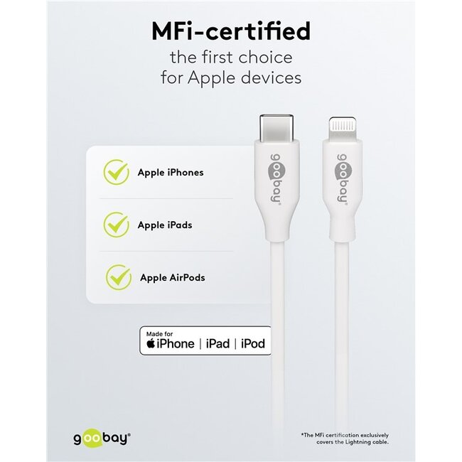 Goobay nano USB-C PD thuislader | 20W | losse Lightning kabel | wit | 1 meter