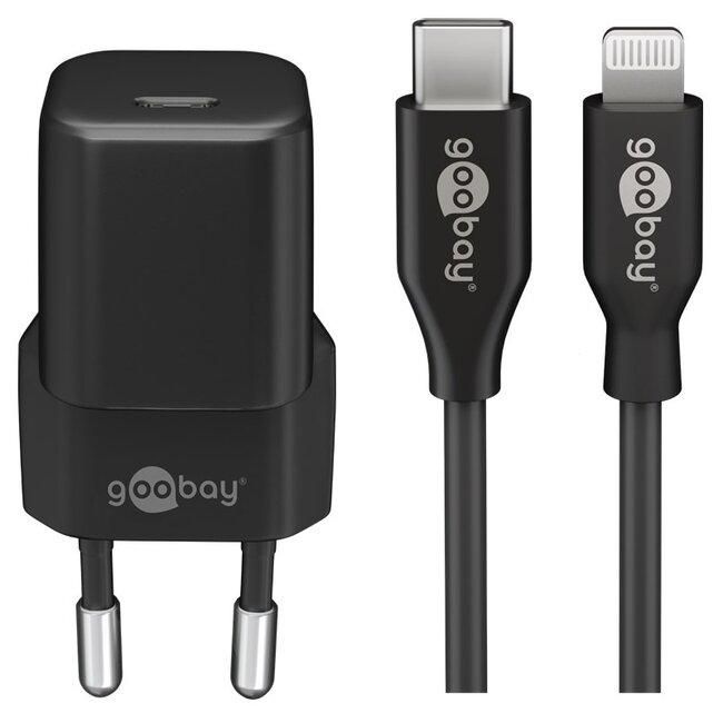 Goobay nano USB-C PD thuislader | 20W | losse Lightning kabel | zwart | 1 meter