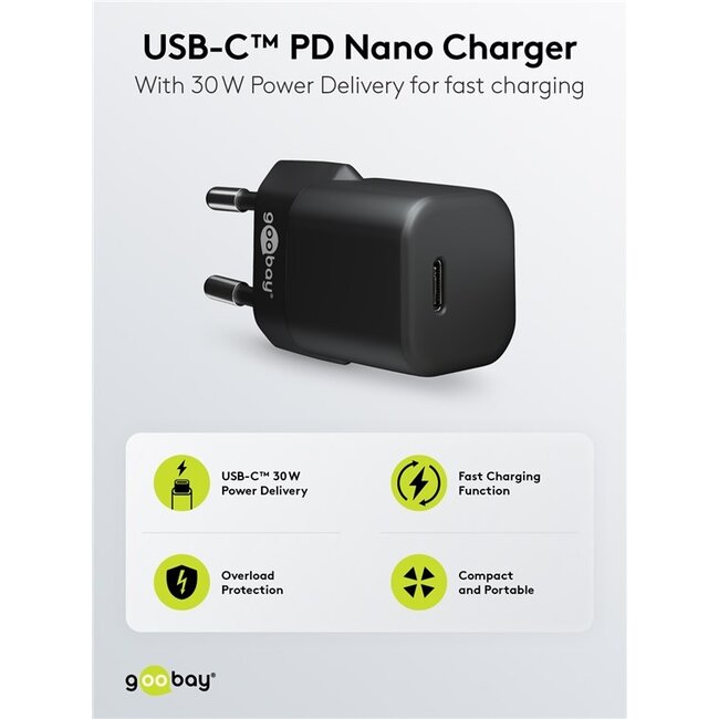 Goobay nano USB-C PD thuislader | 30W | losse Lightning kabel | zwart | 1 meter