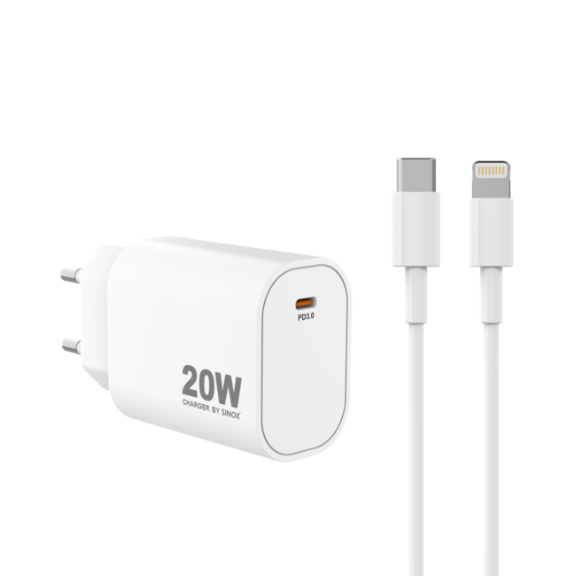 Sinox PRO USB-C PD thuislader | 20W | losse Lightning kabel | 2 meter
