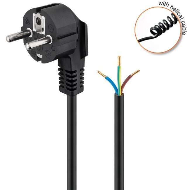CEE 7/7 - 3-aderig open eind stroom spiraalkabel | 3x 1,50mm | zwart | 4 meter