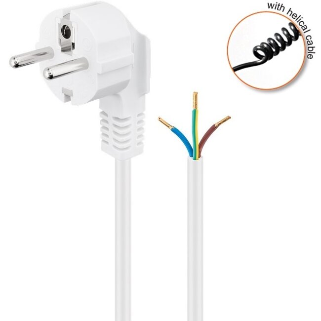 CEE 7/7 - 3-aderig open eind stroom spiraalkabel | 3x 1,50mm | wit | 2 meter