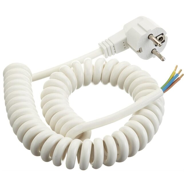 CEE 7/7 - 3-aderig open eind stroom spiraalkabel | 3x 1,50mm | wit | 4 meter