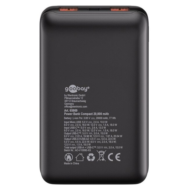 Goobay compacte powerbank | USB-C PD 20W + USB-A QC | 20.000 mAh